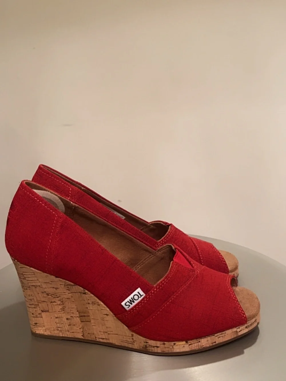 TOMS Red Peep Toe Cork Wedge Heels Women’s Size 7